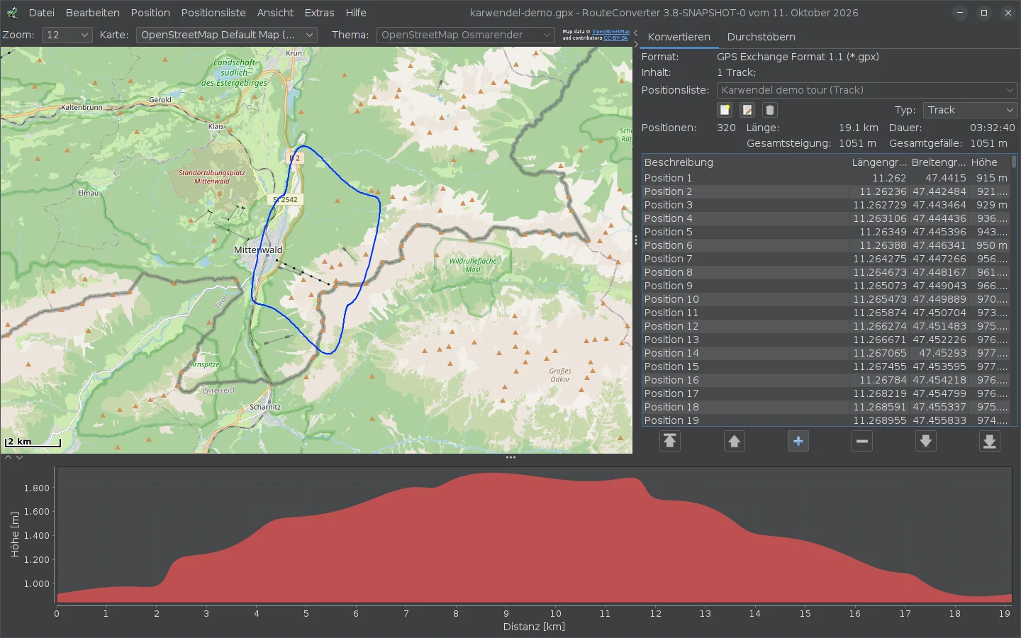 RouteConverter unter Linux mit einer Demo-Tour bei Mittenwald auf der Karte, ihrer Positionsliste und dem Höhenprofil