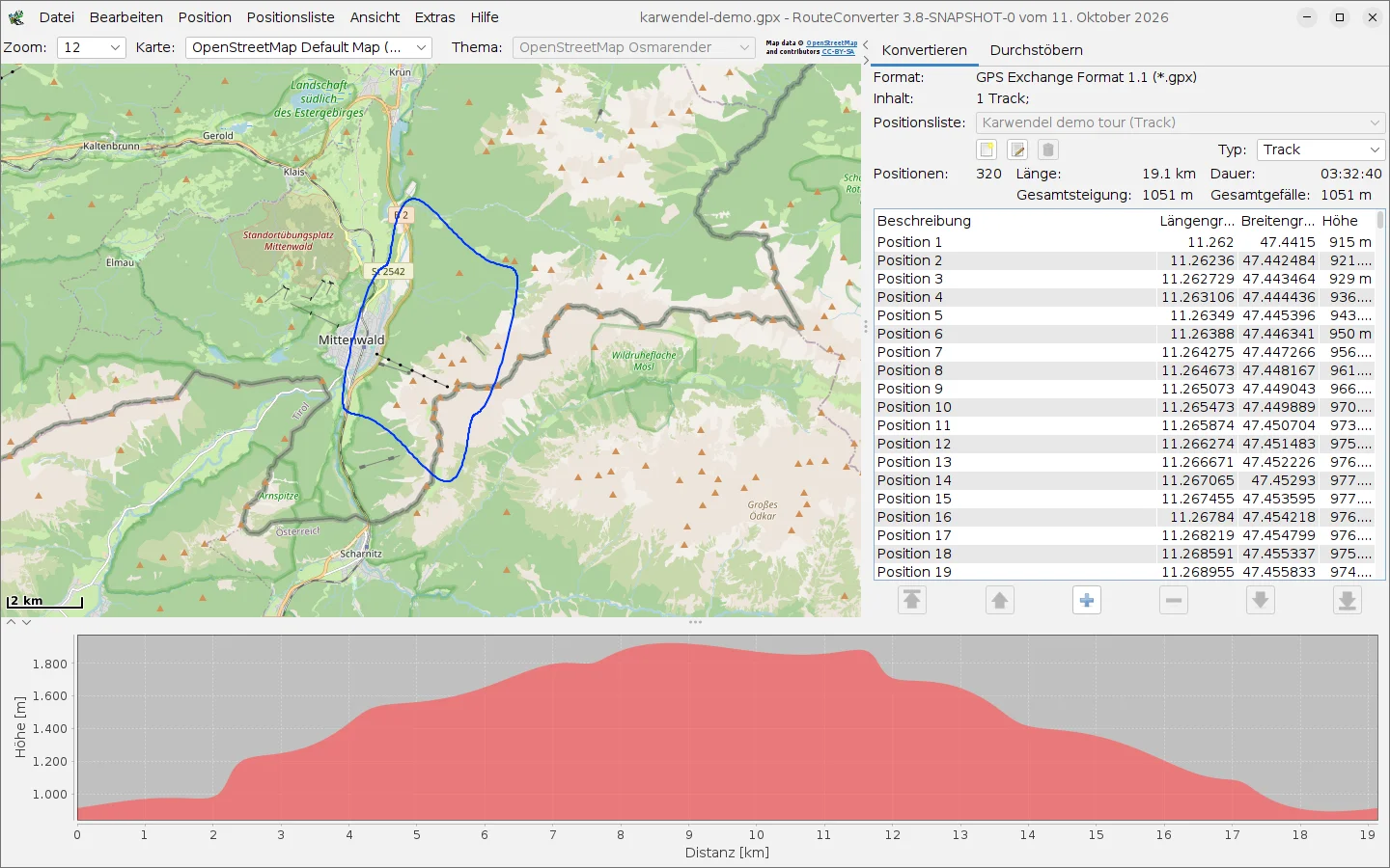 RouteConverter unter Linux mit einer Demo-Tour bei Mittenwald auf der Karte, ihrer Positionsliste und dem Höhenprofil
