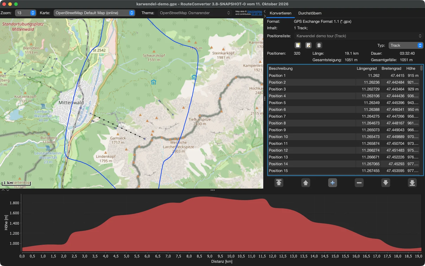 RouteConverter unter macOS mit einer Demo-Tour bei Mittenwald auf der Karte, ihrer Positionsliste und dem Höhenprofil