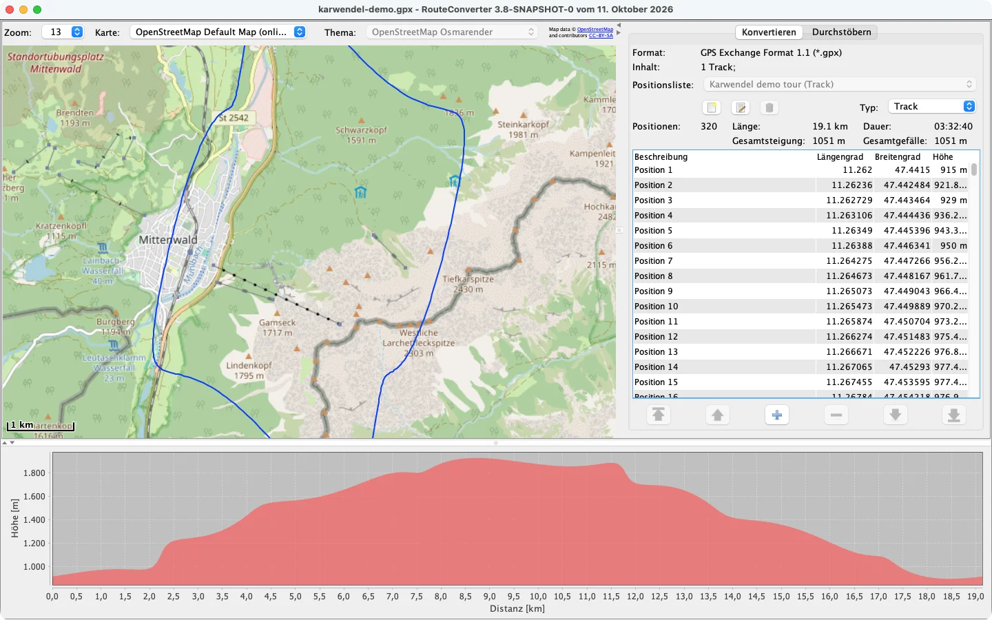 RouteConverter unter macOS mit einer Demo-Tour bei Mittenwald auf der Karte, ihrer Positionsliste und dem Höhenprofil