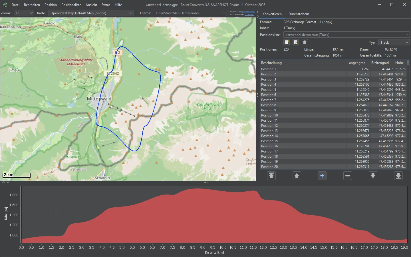 RouteConverter unter Windows mit einer Demo-Tour bei Mittenwald auf der Karte, ihrer Positionsliste und dem Höhenprofil