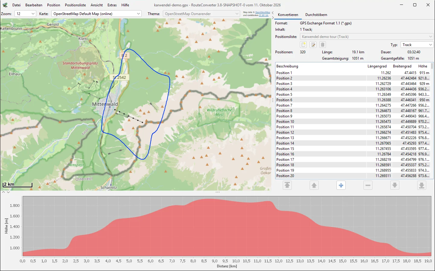 RouteConverter unter Windows mit einer Demo-Tour bei Mittenwald auf der Karte, ihrer Positionsliste und dem Höhenprofil