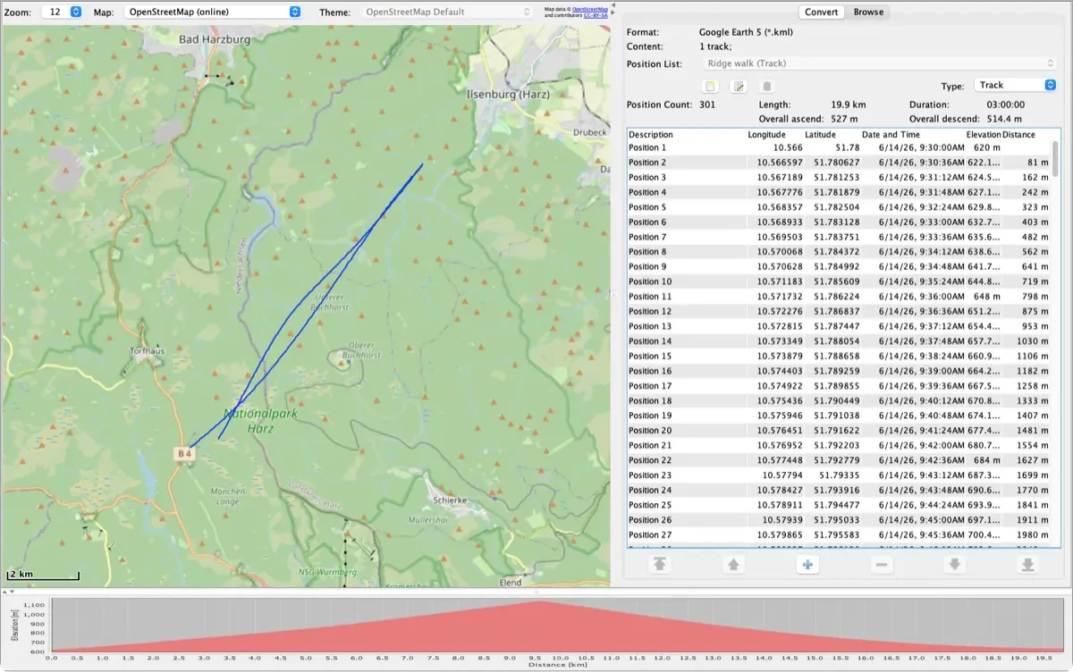 RouteConverter zeigt ein Google-Earth-KML-Track einer Kammwanderung im Harz auf der Karte, mit Positionsliste und Höhenprofil
