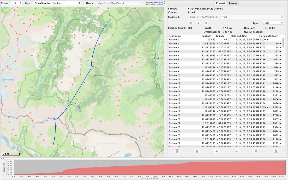 RouteConverter zeigt ein NMEA-Track einer Alpenpassstraße auf der Karte, mit Positionsliste und Höhenprofil