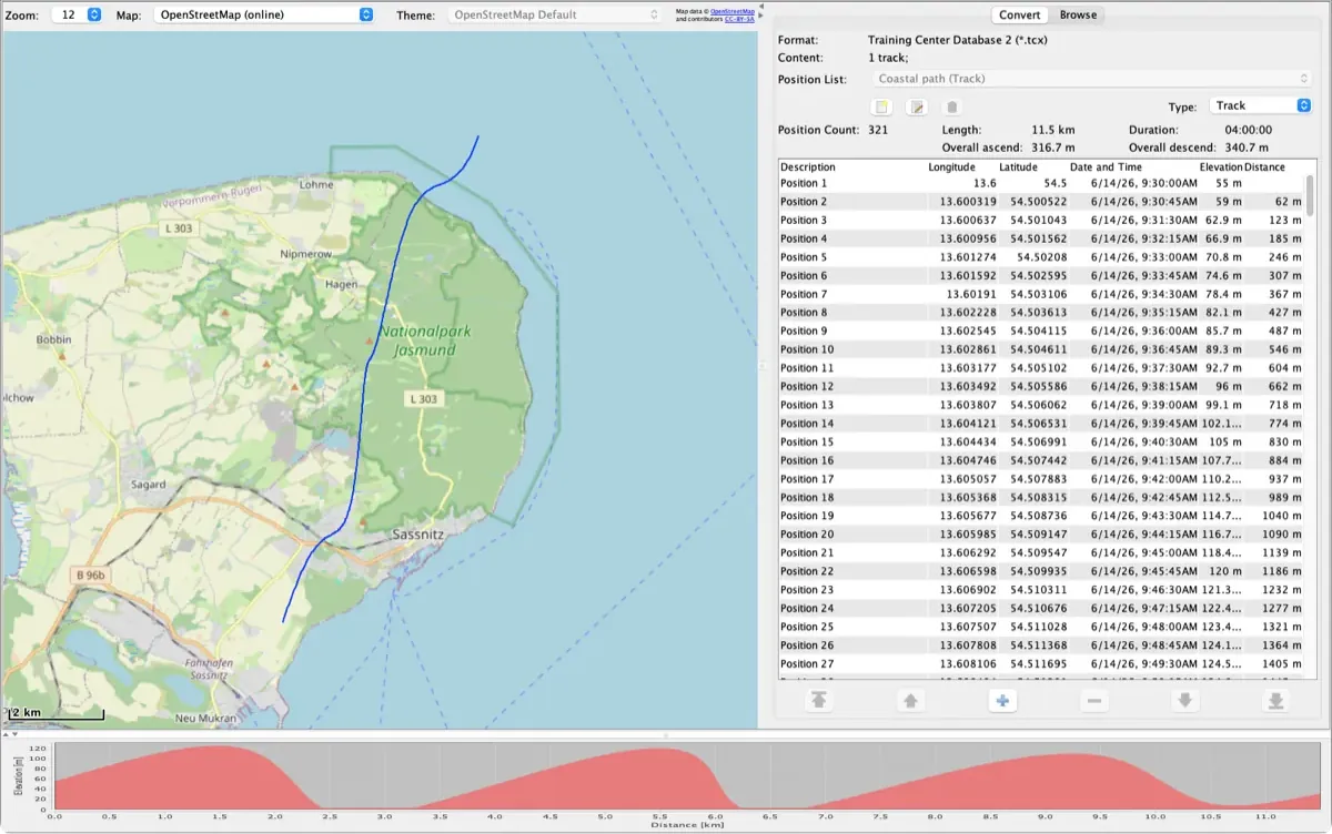 RouteConverter zeigt ein TCX-Track auf einem Küstenpfad auf Rügen auf der Karte, mit Positionsliste und Höhenprofil